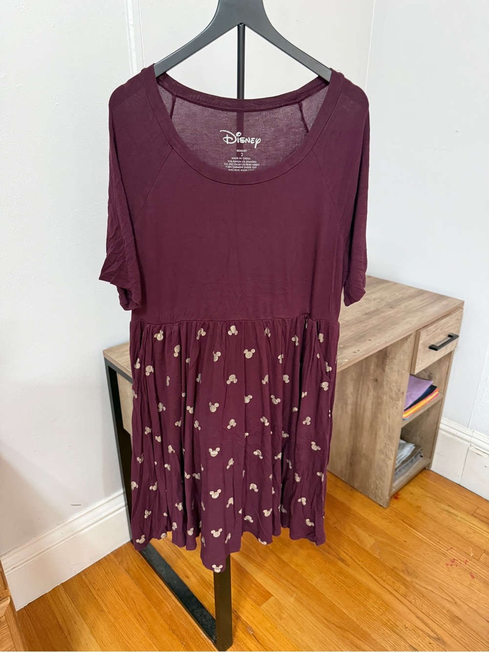 🏰 Magical Comfort! Disney Mickey Mouse Maroon Pocket T-Shirt Dress